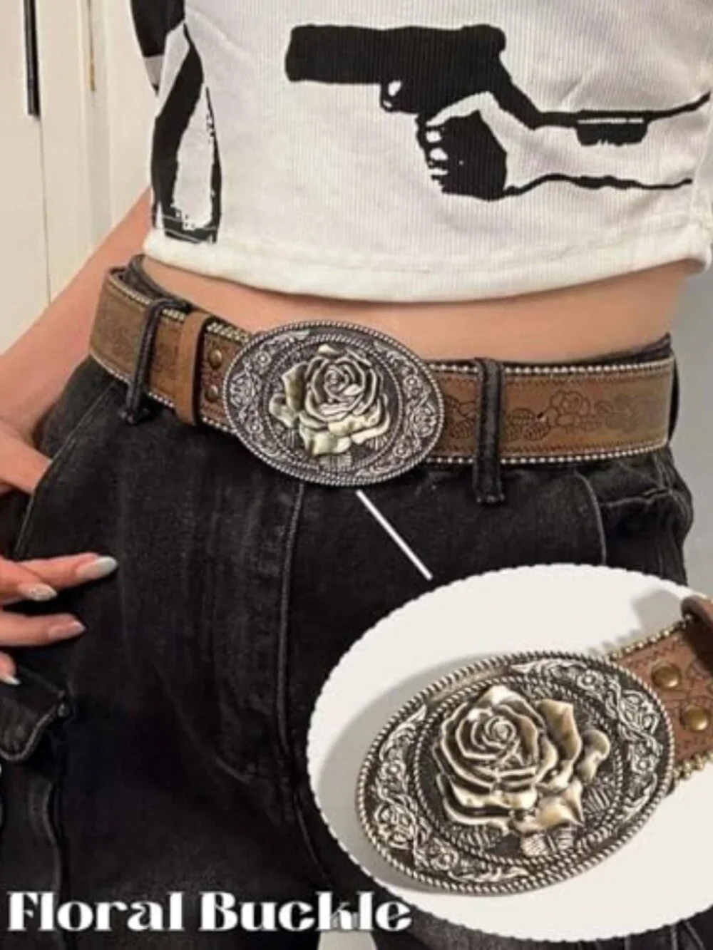 Women Western Belt with Heart Embossed Buckle Vintage Brown Belt for Jeans Pant